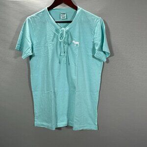 Victorias Secret PINK Top Womens XS Blue Lace Up Neck Tee Short Sleeve Split Hem
